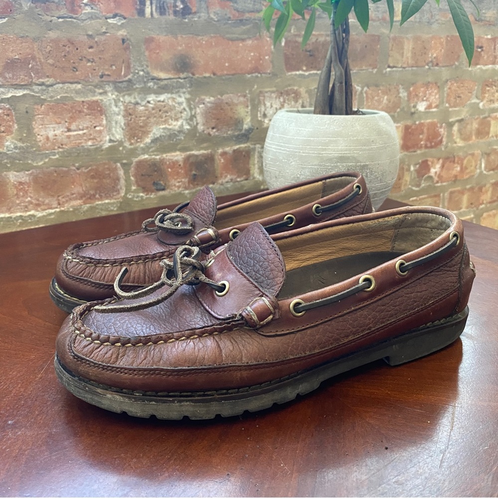 LL Bean Brown Leather Boat Shoes Men's Size 8 EE Wide Distressed